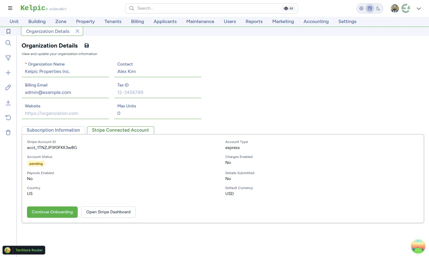 Organization settings — Stripe Connected Account with onboarding status and Charges Enabled flag