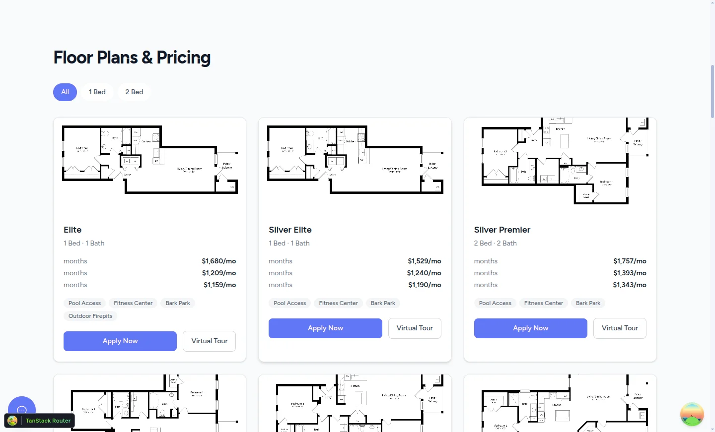 Floor Plans & Pricing section — six floor plan cards with per-term pricing, amenities, and Apply Now per card