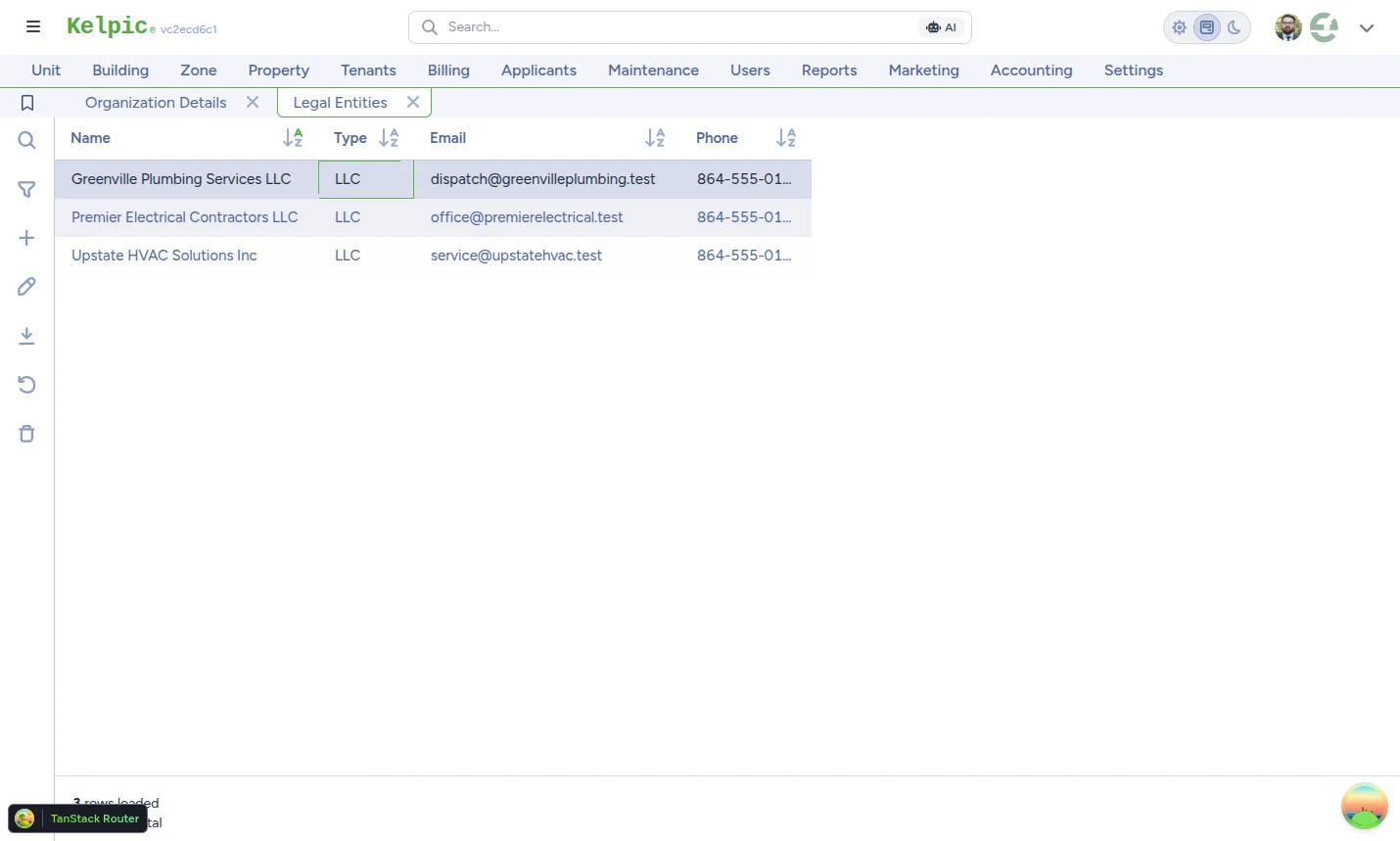 Legal Entities table — every owner LLC or individual that receives payouts