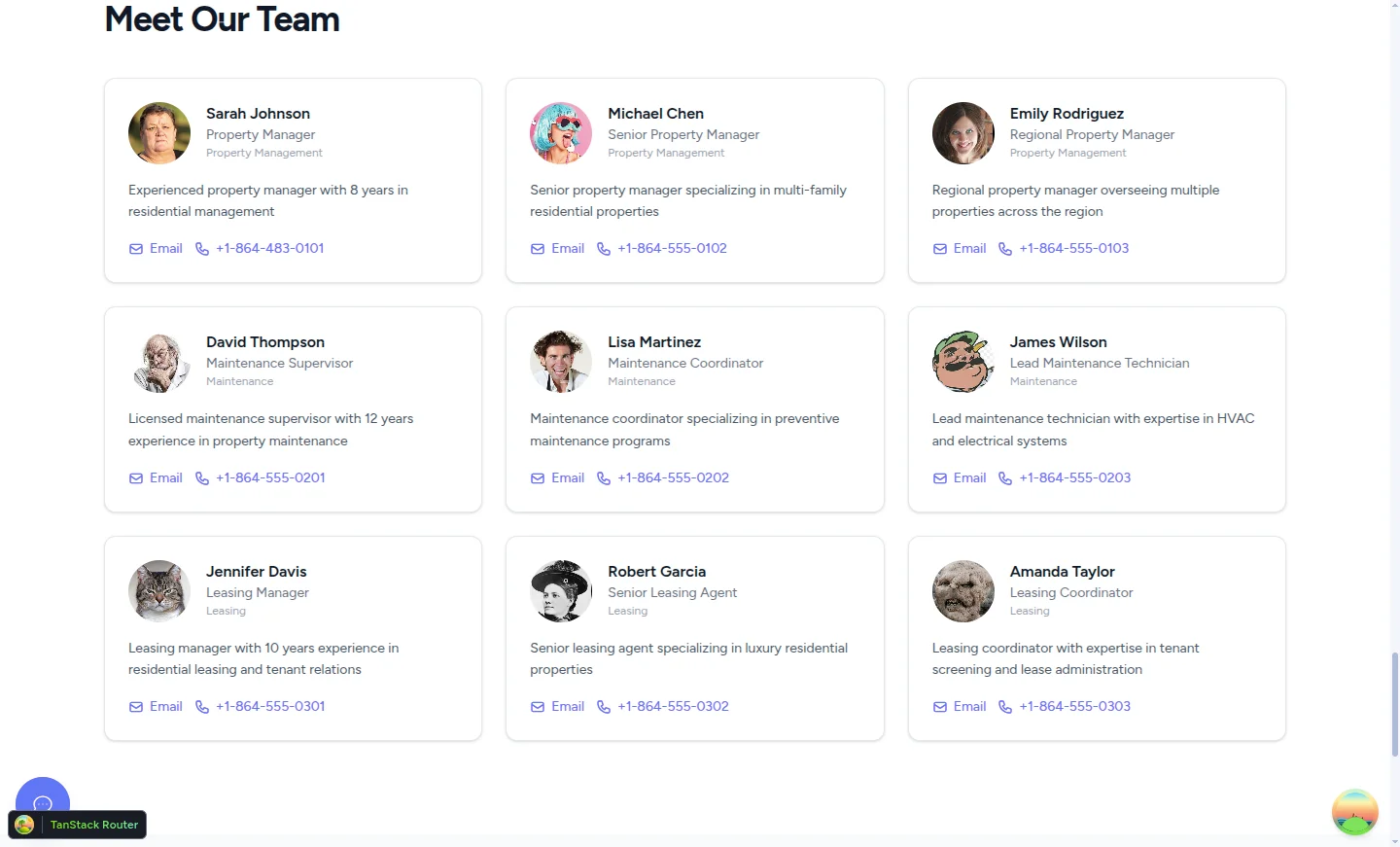 Meet Our Team section — staff cards with photo, role, email, and phone