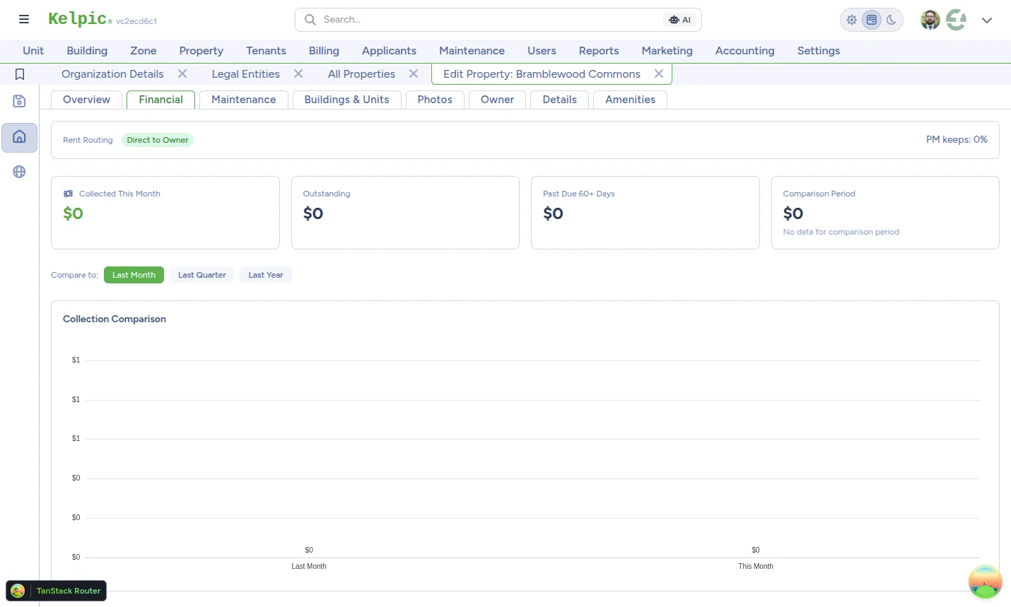 Per-property rent routing — choose Direct to Owner or Managed by Org and set the management fee