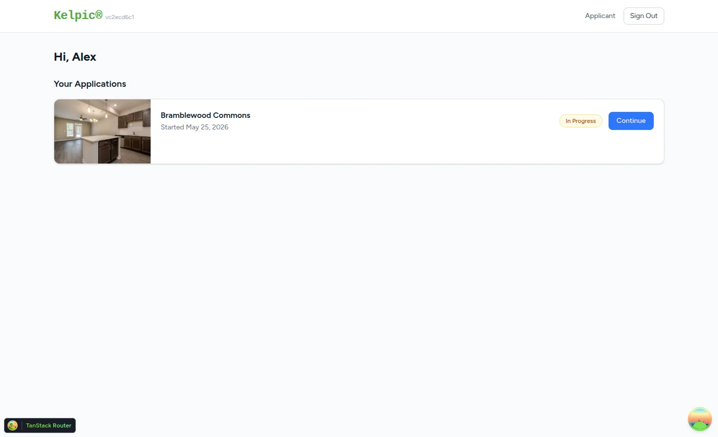 Applicant Portal dashboard — Your Applications list with a Continue button per in-progress application