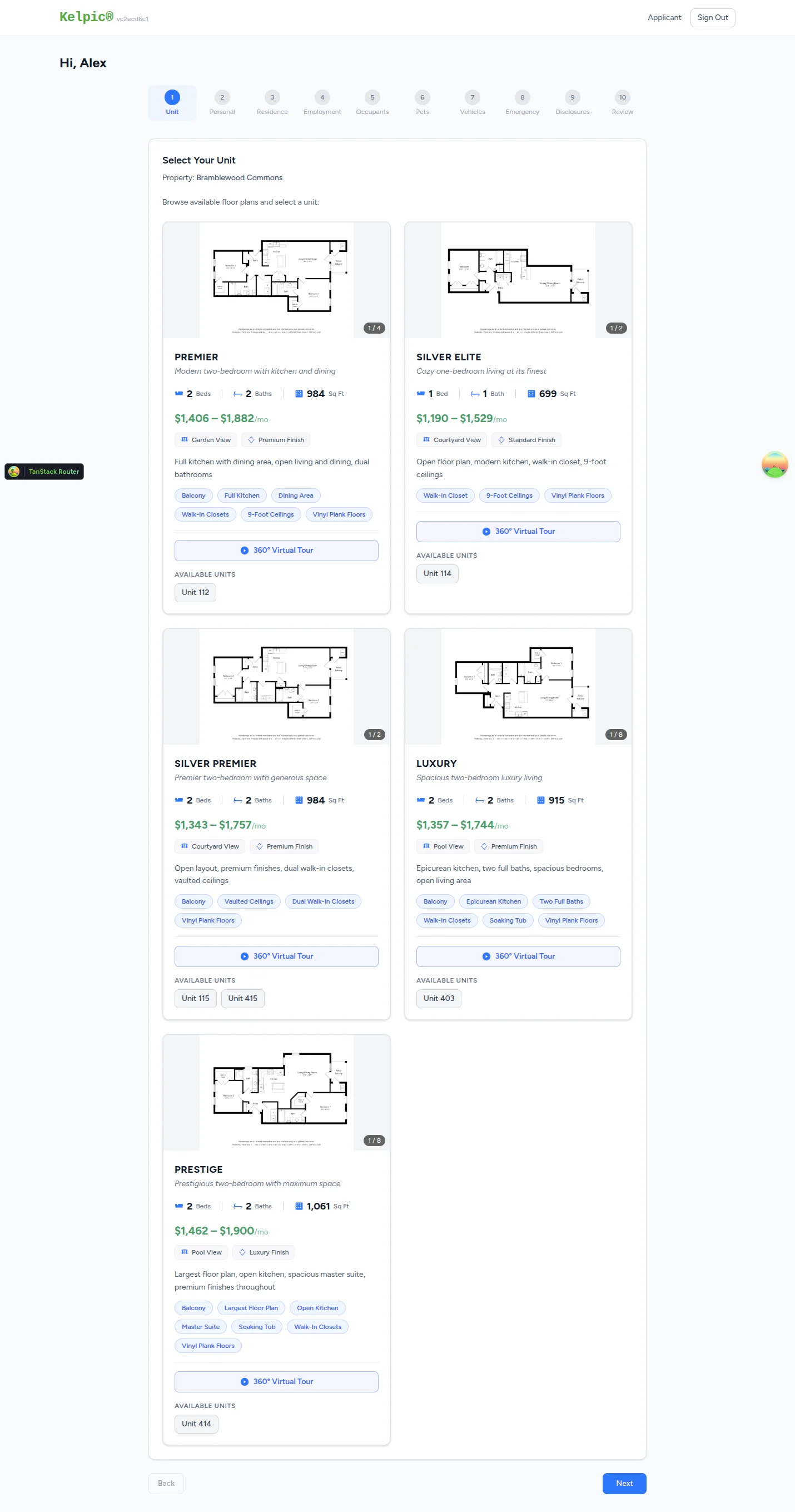Step 1 — Select Your Unit. Floor plan cards with photos, beds/baths/sqft, view type, finish level, and 360° Virtual Tour