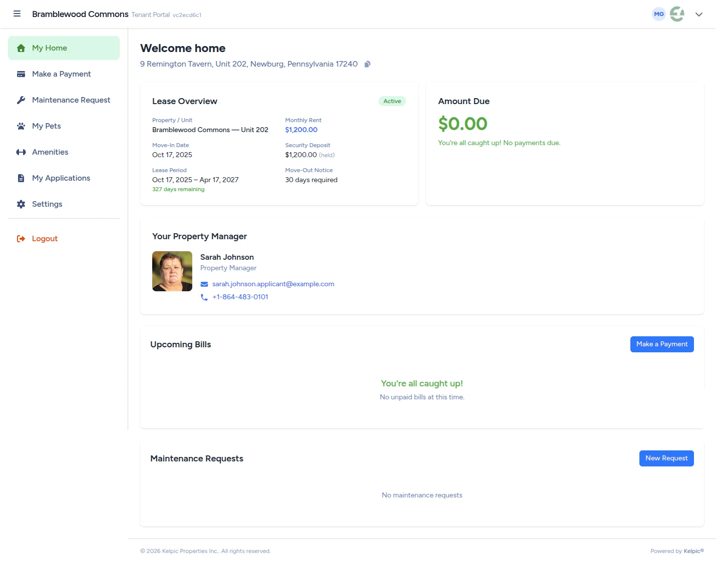 Kelpic Tenant Portal — Amount Due, Make a Payment, and Upcoming Bills
