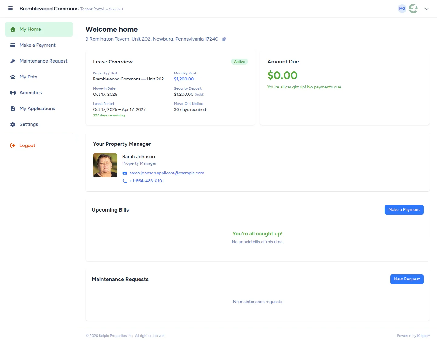 Kelpic tenant portal home — lease overview, amount due, property manager contact, bills, and maintenance requests