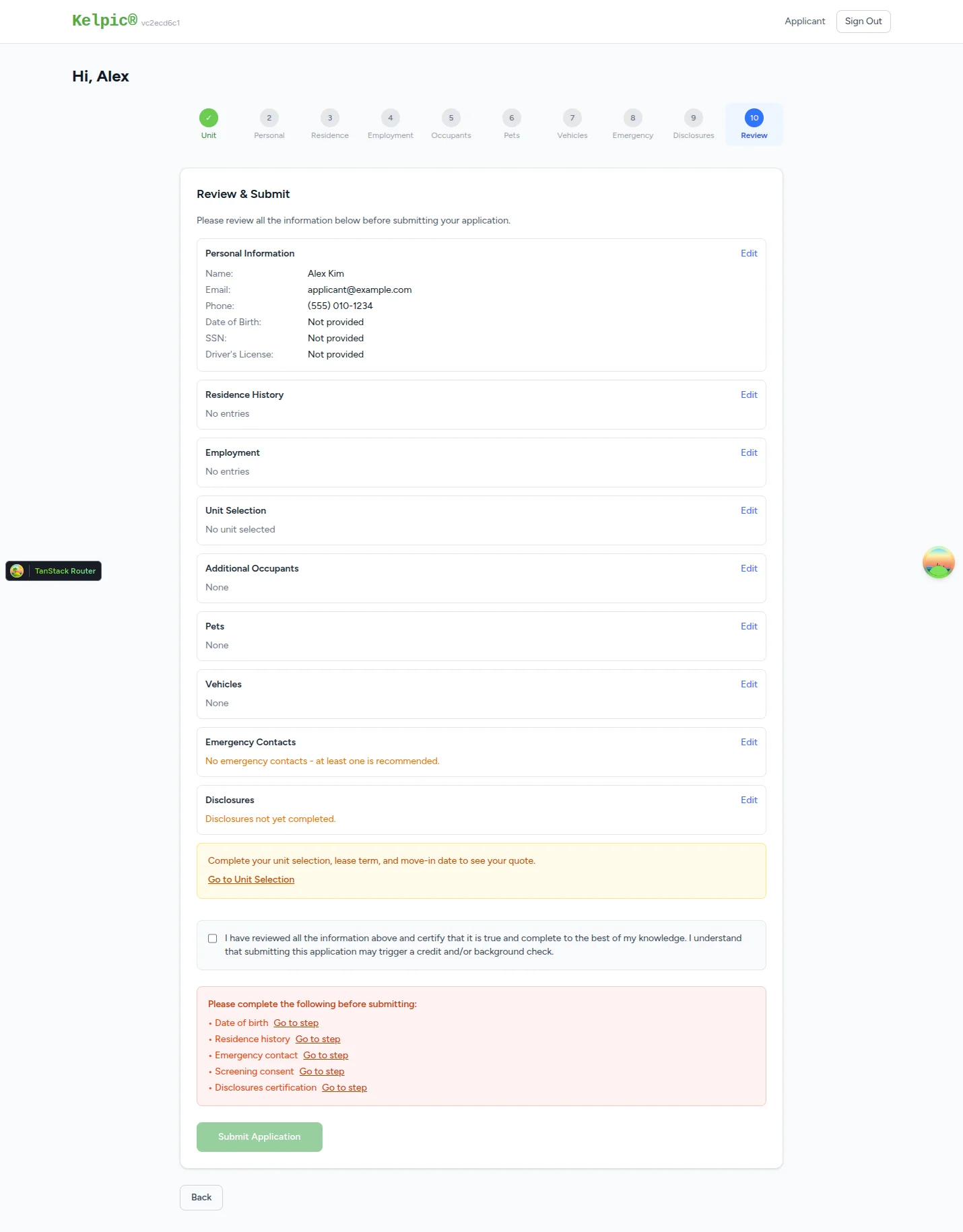Step 10 — Review & Submit. Per-section summary with Edit buttons, live missing-items checklist, and Submit Application button