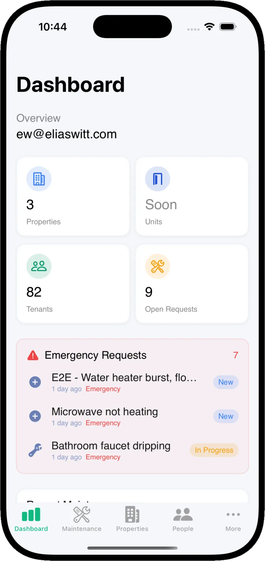 Kelpic iOS app — property manager dashboard