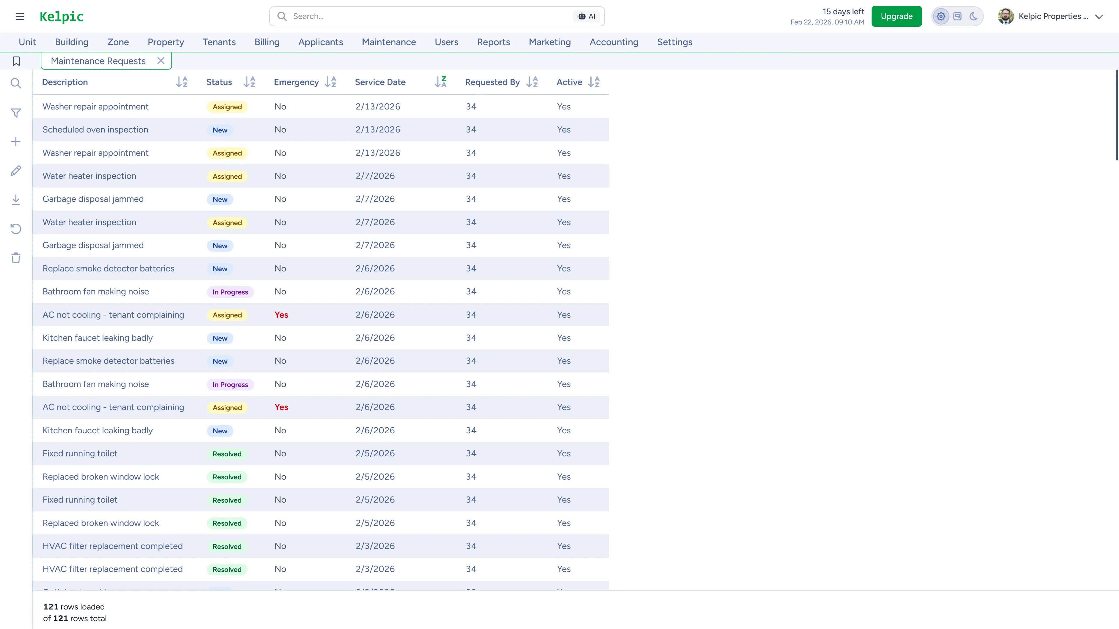 Kelpic maintenance requests workspace — desktop view
