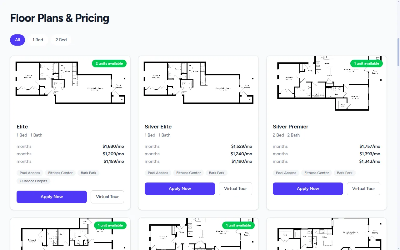 Floor plans and pricing on a Kelpic property website, each with Apply Now and Virtual Tour buttons
