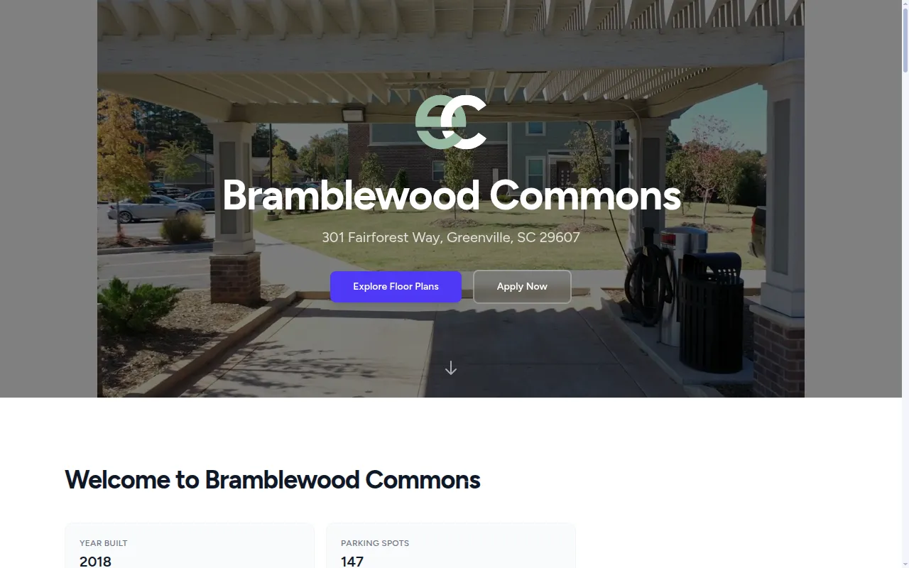 A Kelpic property website — branded hero, address, and Apply Now button for Bramblewood Commons
