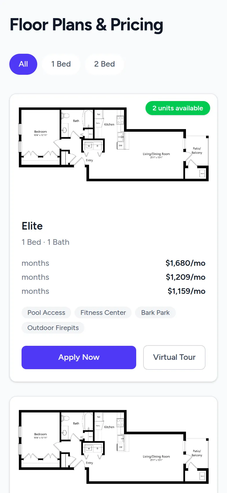 The same property website on a phone — floor plans with pricing and an Apply Now button