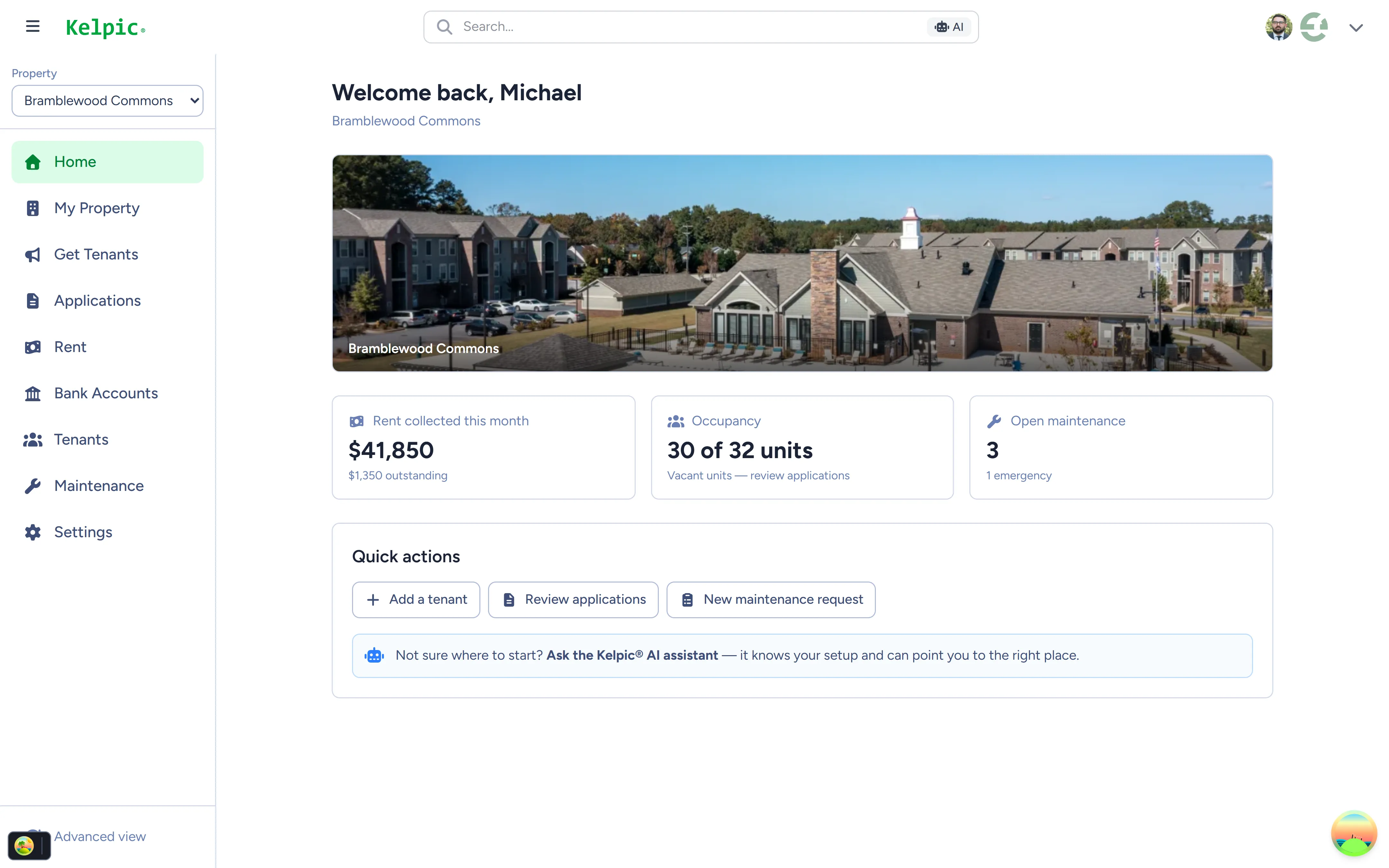 Kelpic® property management system dashboard showing rent collected, occupancy, and open maintenance